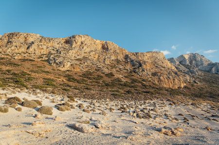Yellow sand, rocky landscape and mediterranean sea in Crete. Incredible landscapes of Greeceの写真素材