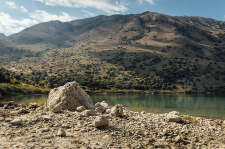 Kournas Mountain Lake in Greece. Cozy summer day and calm water in the lakeの写真素材