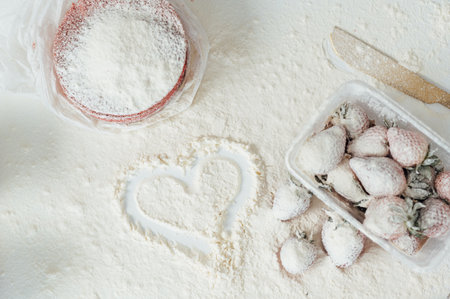 Powder of sugar is hung on a strawberry cakesの写真素材