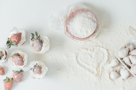 Powder of sugar is hung on a strawberry cakesの写真素材