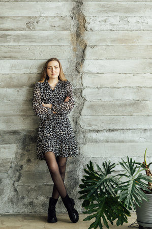 Beautiful blonde girl in a gray dress and black shoes posing against the wallの写真素材