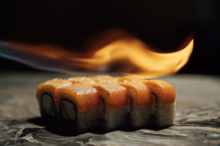 Sushi burning, roasting rolls according to a traditional Japanese recipe