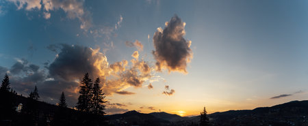 Beautiful nature landscape during sunset, sunrise in Europe, Ukrainian mountains and slopes, wide landcapeの写真素材