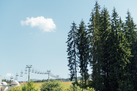 View from the lift to the Carpathian mountains. Tourists move looking at the landscapes