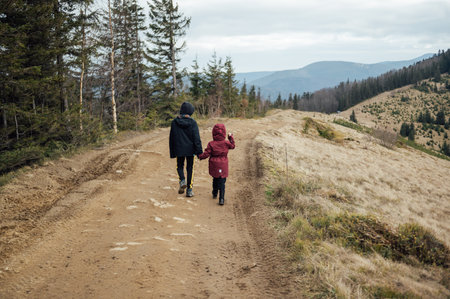 Two children - son and daughter walk around the mountain ridge by the handsの写真素材