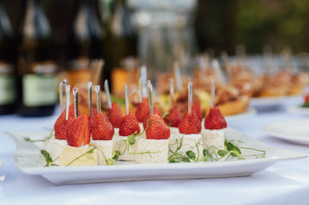 Light appetizer cheese and strawberries for guests at a wedding buffet. Waiting for a wedding ceremonyの写真素材