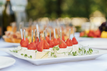 Light appetizer cheese and strawberries for guests at a wedding buffet. Waiting for a wedding ceremonyの写真素材