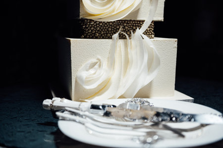 Premium square form wedding cake three floors at the evening ceremonyの写真素材