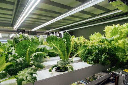 Environmentally friendly salad cultivation. Hydroponics in the room. Salads are grown in PVC pipes with useful mineralsの写真素材