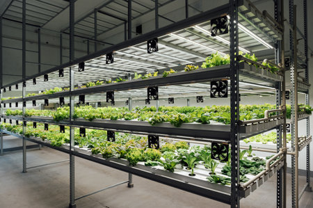 Rows of plants on a farm grown by the method of hydroponics with ventilation