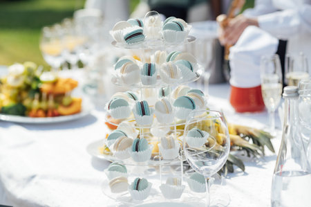 Colorful macaroons on candy bar. Sweet macarons at outdoor buffet. Top viewの写真素材