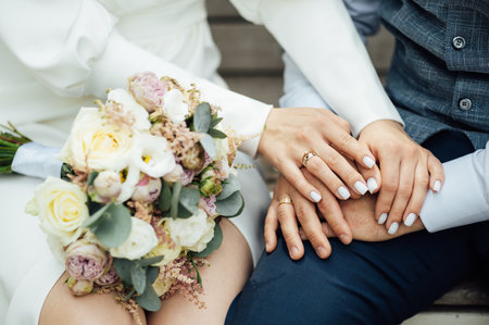 Couple hugging on their wedding. Trendy color of the year 2023 in wedding.の写真素材