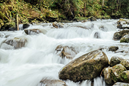 The stormy mountain river flows along the gorge high in the mountainsの写真素材