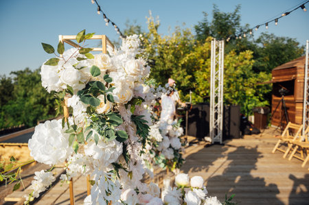 Location for a wedding ceremony on a plank floor. Evening sunset.の写真素材