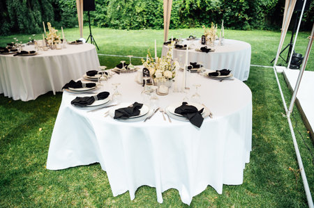 Open -air wedding banquet. The table is decorated with white plates and premium glasses for wineの写真素材