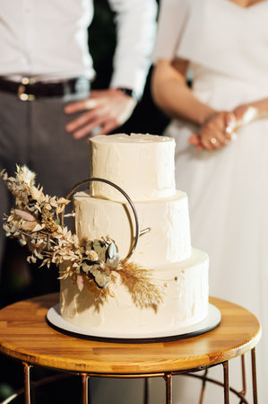 Happy newlyweds cutting their wedding cakeの写真素材