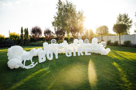 Large-scale photo zone made of white balloons and large letters at a gender party.の写真素材
