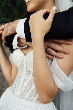 Cute bride couple spend time together after the wedding ceremonyの写真素材
