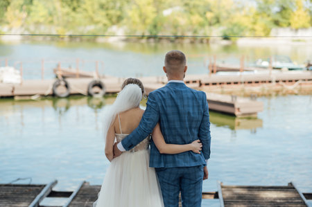 Cute bride couple spend time together after the wedding ceremonyの写真素材
