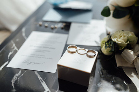 Wedding invitations. Wedding details of the bride. Bridal bouquet and other accessories. Shoes of the brideの写真素材