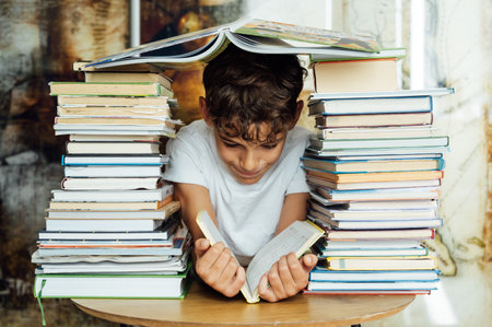 A cheerful boy looks through two stacks of books. On the head is a book in the shape of a roofの写真素材