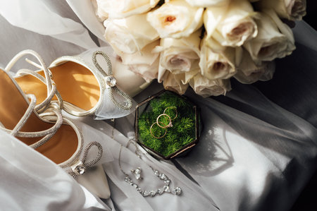 The brides wedding accessory in the form of a bouquet, wedding gold rings and shoes.の写真素材