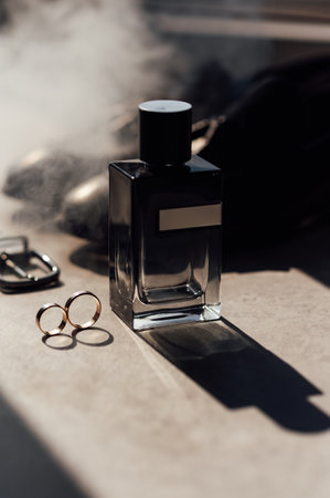 Grooms accessories for wedding, rings, shoes in smoke. Wedding dayの写真素材