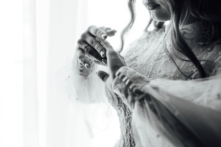 A tender bride strokes her body with her hands and sensually touches her skin. Sensual momentの写真素材