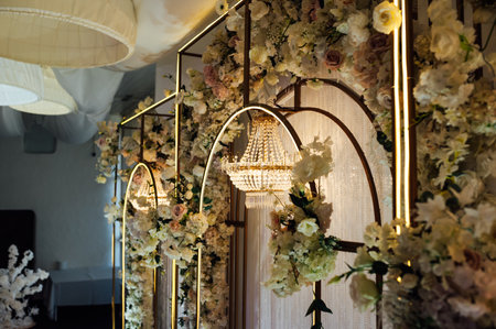 Great place for evening wedding ceremony. Large crystal lamps decorate the locationの写真素材