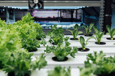 Hydroponics System growing vegetables, Salad in a garden in Ukraine, salad growing in a PVC pipe Organic Lettuces Grown In An Outdoors Hydroponics System.の写真素材