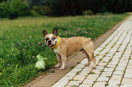 Adorable French Bulldog spending time outdoors on the grass with its owner. Playful and happy purebred dog, featuring rare heterochromia with different colored eyes. Perfect for concepts of pet care, friendship, love for animalsの写真素材