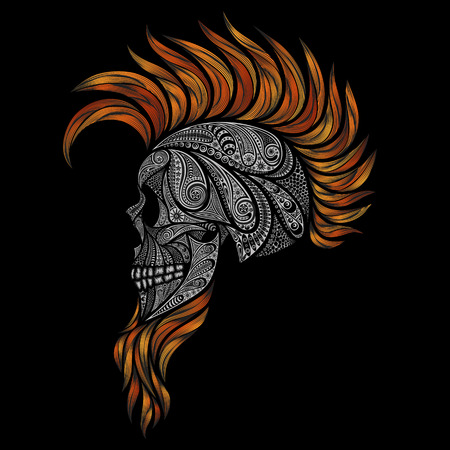 Human skull on a black background. Punk with a Mohawk and a beard of a variety of patternsのイラスト素材