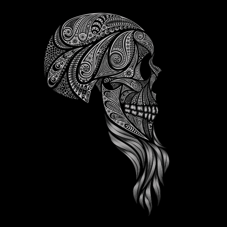 A human skull with a beard made of flowers on black backgroundのイラスト素材