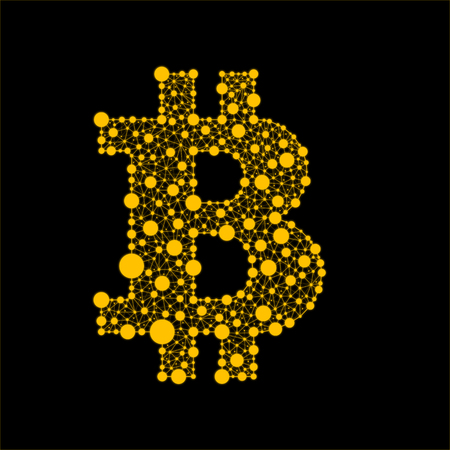 Crypto currency. Bitcoin. An example with a Golden glow on a black backgroundのイラスト素材