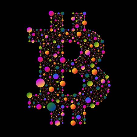 Bitcoin. Example of colored circles connected by lines on a black backgroundのイラスト素材