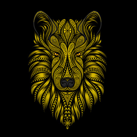 Symbol of Chinese new year 2018. Yellow vector dog of beautiful patterns on a black backgroundのイラスト素材