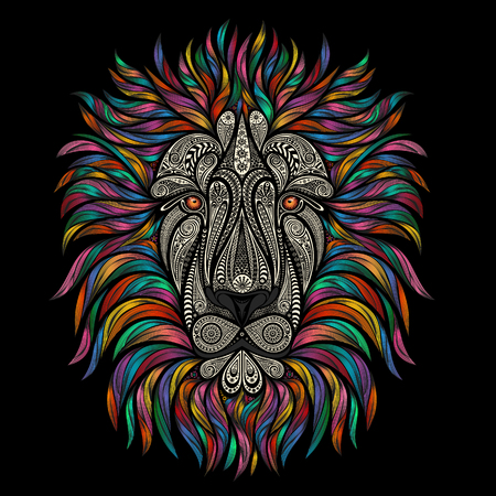 Vector lion of beautiful patterns with a color mane on a black backgroundのイラスト素材