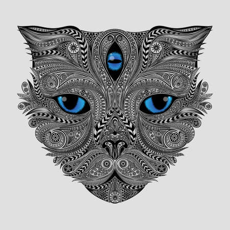 Vector blue-eyed cat with a third eye from patterns in the  styleのイラスト素材