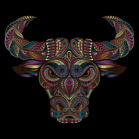Original vector bull from patterns  style on a black background. Symbol of Chinese New Year 2021