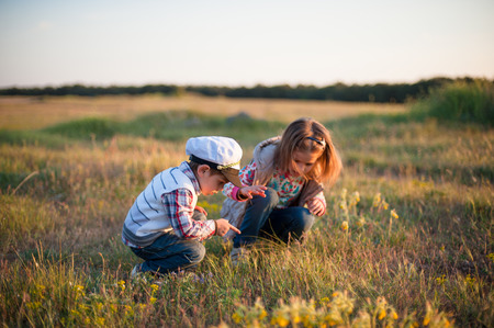 boy and girl sit on the grass and looking for insectsの写真素材
