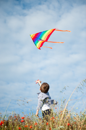 happy little boy standing among grass holding flying colorful kite on blue sky backgroundの写真素材