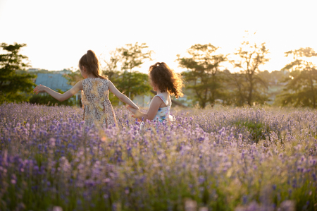 two healthy running little girls among blossom flower fieldsの写真素材