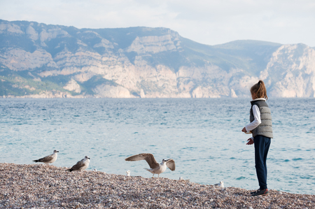 little girl in jacket feeding seagulls on sea shore in autumn seasonの写真素材