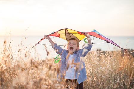 healthy small caucasian kid with colorful kite in outdoors leisure field in sunsetの写真素材