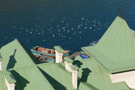 scenery sea bay with boats and seagulls with green tinny roof on foregroundの写真素材