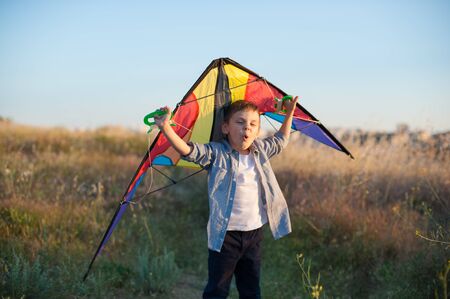 funny active boy with grimace on his face holding kite outdoor leisure activity pursuit on summer sunset with copy spaceの写真素材