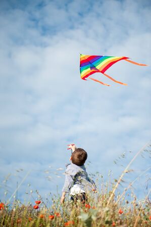 free active little boy in shirt holding multicolored flying kite in blue sky standing among flower field in summer sunsetの写真素材