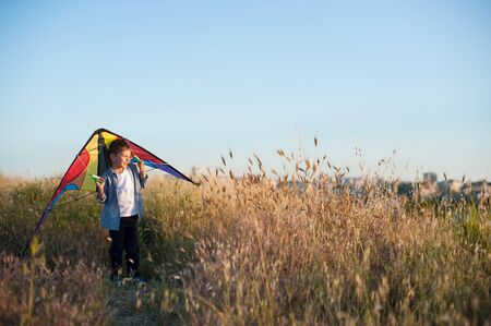 happy dreaming little boy with colorful kite among dry grass on summer sunset near city suburbanの写真素材