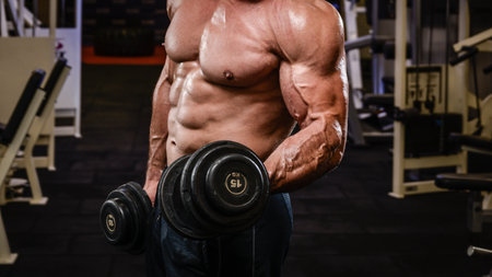 strong physique body of muscle male training pumping biceps with iron heavy dumbbellsの写真素材