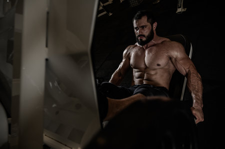 strong young bearded caucasian man workout training in leg press machine in dark fitness gymの写真素材
